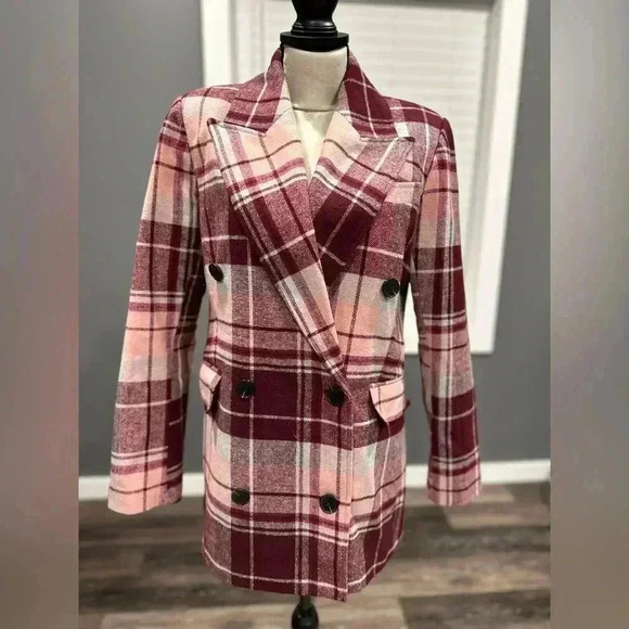 7 FOR ALL MANKIND Women Size S Pink/Red Plaid Double Breasted Peacoat Jacket - Picture 1 of 7